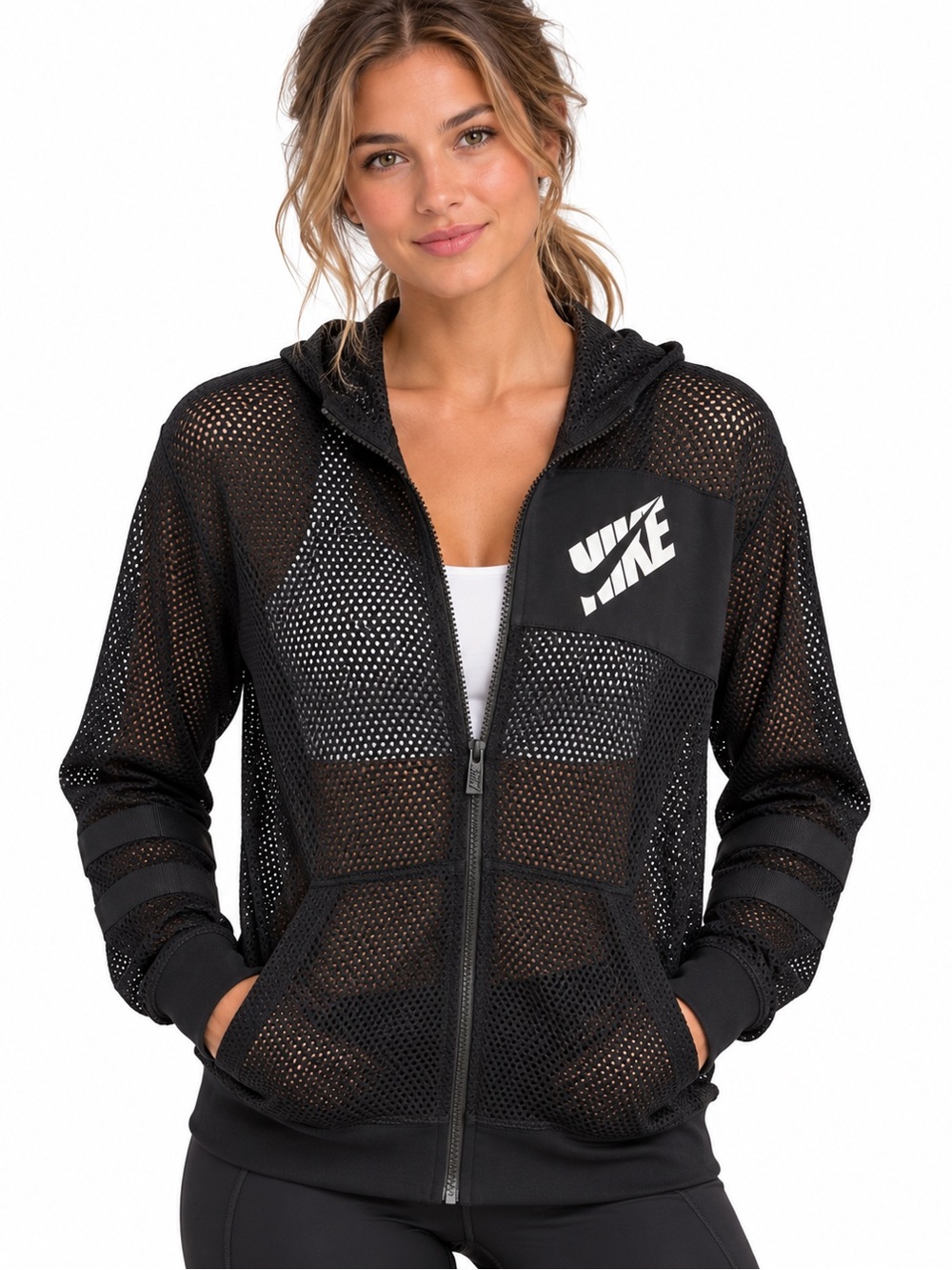 Nike Women’s XL Black Mesh Full Zip Hoodie Sheer Logo Jacket